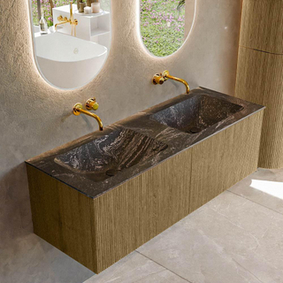 Ensemble de meuble de salle de bain Mondiaz KURVE-DLUX - 130x46x40cm - 2 tiroirs - lavabo en solid surface - double - sans trou de robinet - Dusk