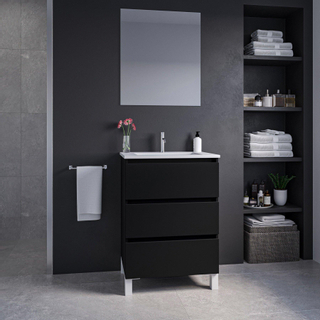 Adema Chaci PLUS Ensemble de meuble - 59.5x86x45.9cm - 1 vasque rectangulaire en céramique Blanc - 1 trou de robinet - 3 tiroirs - miroir rectangulaire - Noir mat