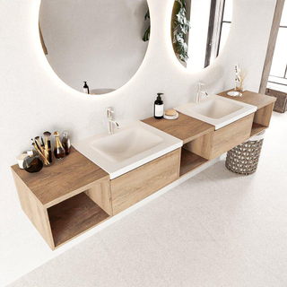 MONDIAZ BUKLA 240cm ensemble de meuble avec module ouvert 40 L+M+R couleur Chêne blanchi avec 2 tiroirs. Lavabo CLOUD double 2 trous de robinet couleur Talc.