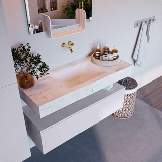 Mondiaz ALAN-DLUX Ensemble de meuble - 110cm - meuble Cale mat - 1 tiroir - Lavabo Cloud Ostra suspendu - vasque Centre - 0 trous de robinet