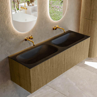 Ensemble de meuble de salle de bain Mondiaz KURVE - 140x46x40cm - 2 tiroirs - lavabo en solid surface - double - sans trou de robinet - Dusk