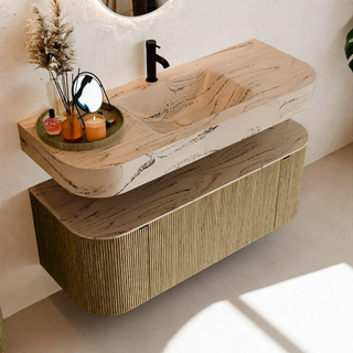 MONDIAZ THOR-DLUX 120cm meuble de salle de bains arrondi gauche + droite couleur Dusk avec 1 tiroir et 2 portes. Vasque suspendue CLOUD Milieu 1 trou de robinet couleur Arena.