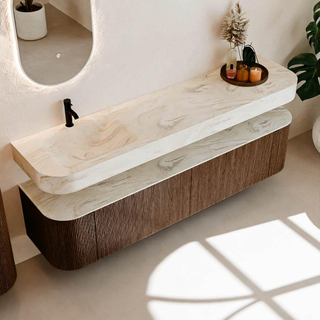 MONDIAZ THOR-DLUX Meuble de salle de bains 190cm arrondi gauche + droite couleur Walnut avec 2 tiroirs et 2 portes. Vasque suspendue CLOUD Gauche 1 trou de robinet couleur Ostra.