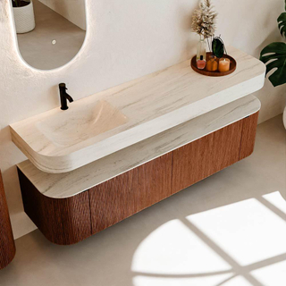 MONDIAZ THOR-DLUX 180cm meuble de salle de bains arrondi gauche + droite couleur Ruby avec 2 tiroirs et 2 portes. Vasque suspendue CLOUD Gauche 1 trou de robinet couleur Meli.