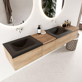 MONDIAZ BUKLA 200cm badmeubel met module 40 links kleur Washed Oak met 4 lades. Wastafel CLOUD dubbel 0 kraangaten kleur Urban.