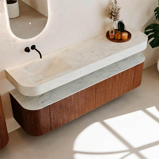 MONDIAZ THOR-DLUX 180cm meuble de salle de bains arrondi gauche + droite couleur Ruby avec 2 tiroirs et 2 portes. Vasque suspendue CLOUD Gauche sans trou de robinet couleur Opalo.