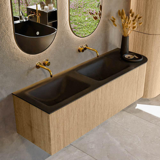 MONDIAZ KURVE 145cm Meuble salle de bain avec module 25 D - couleur Oak - 1 tiroir - 1 porte - vasque CLOUD double / gauche - sans trous de robinet - Urban