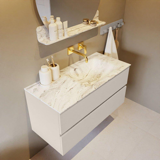 Mondiaz VICA-DLUX ensemble de meuble de salle de bain - 100cm - meuble sous-vasque lin - 2 tiroirs - lavabo encastrée cloud droite - sans trous de robinet - version haute de 60cm - glace