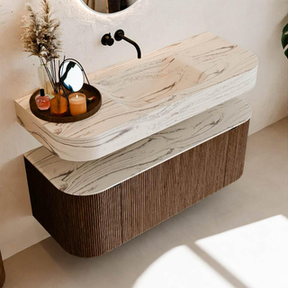 MONDIAZ THOR-DLUX 120cm meuble de salle de bains arrondi gauche + droite couleur Walnut avec 1 tiroir et 2 portes. Vasque suspendue CLOUD Centre sans trou de robinet couleur Nata.