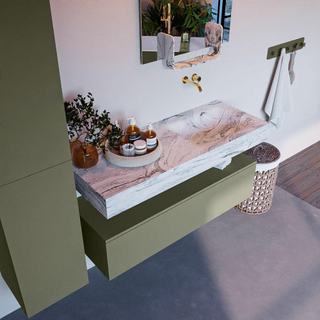 Mondiaz ALAN-DLUX Ensemble de meuble - 120cm - meuble Army mat - 1 tiroir - Lavabo Cloud Glace suspendu - vasque Droite - 0 trous de robinet