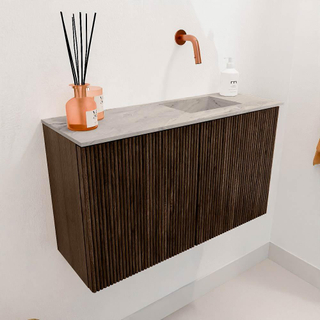 Mondiaz JOYA-DLUX 70cm toiletmeubel - kleur Walnut - Wastafel FAYE positie Rechts Zonder kraangat kleur Glace.