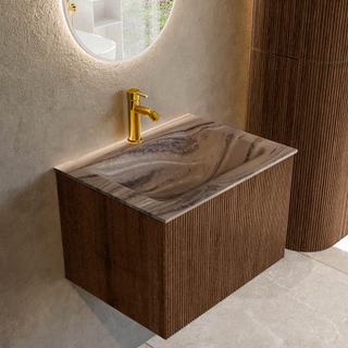 MONDIAZ KURVE-DLUX 60cm badmeubel kleur Walnut met 1 lade en 0 deuren. Wastafel CLOUD Midden 1 kraangat Sombra.