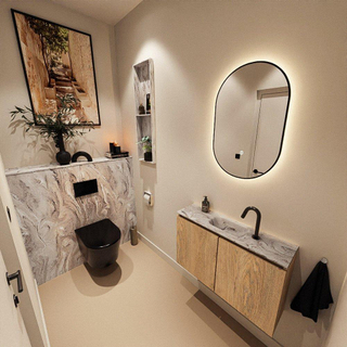 MONDIAZ TURE-DLUX Meuble toilette - 80cm - Washed Oak - EDEN - vasque Glace - position centrale - 1 trou de robinet