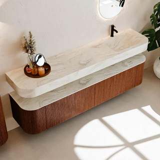 MONDIAZ THOR-DLUX 200cm meuble de salle de bains arrondi gauche + droite couleur Ruby avec 2 tiroirs et 2 portes. Vasque suspendue CLOUD Droite 1 trou de robinet couleur Ostra.