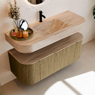 MONDIAZ THOR-DLUX 120cm meuble de salle de bains arrondi gauche + droite couleur Dusk avec 1 tiroir et 2 portes. Vasque suspendue CLOUD Milieu 1 trou de robinet couleur Saba.