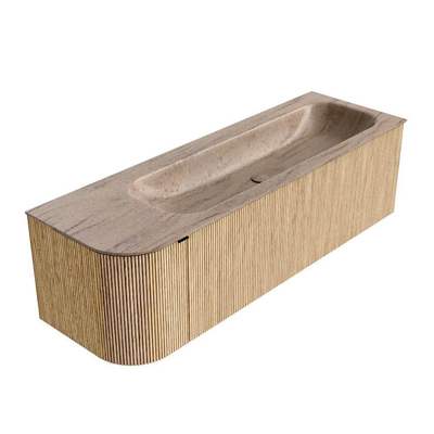 MONDIAZ KURVE-DLUX Meuble de salle de bains 145cm arrondi à gauche couleur Oak avec 1 tiroir et 1 porte. Lavabo BIG LARGE à droite 1 trou de robinet Saba.