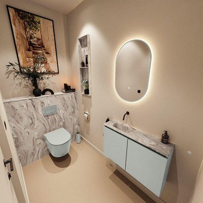 MONDIAZ TURE-DLUX Meuble toilette - 80cm - Greey - EDEN - vasque Glace - position gauche - sans trou de robinet