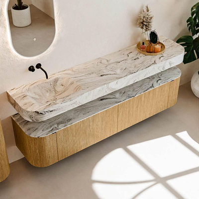 MONDIAZ THOR-DLUX 200cm meuble de salle de bains arrondi gauche + droite couleur Chêne avec 2 tiroirs et 2 portes. Vasque suspendue CLOUD Gauche sans trou de robinet couleur Glace.