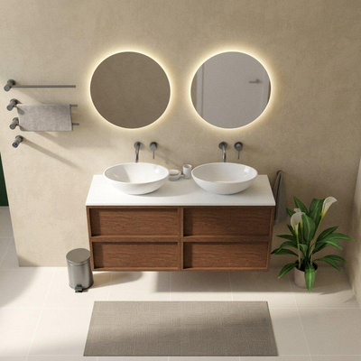 Saniclass Holz Frame Ensemble meuble de salle de bains - 140x45x62.5cm - plan Torino en solid surface blanc - sans trou de robinet - 4 tiroirs - noyer pure mat (bois)