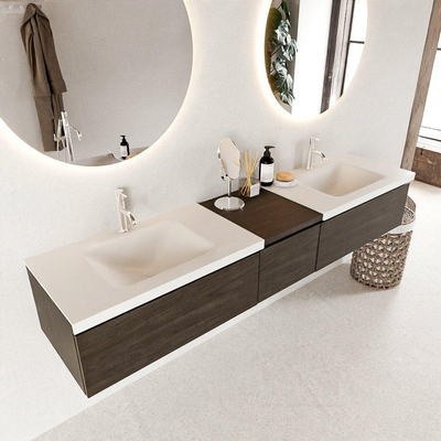 MONDIAZ BUKLA 200cm badmeubel met module 40 kleur Dark Brown met 3 lades. Wastafel CLOUD dubbel 2 kraangaten kleur Talc.