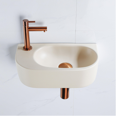 QeramiQ Fuente Ensemble de lavabo - 40x21.5x12cm - gauche - lisse - demi-rond - 1 trou de robinet - céramique - robinet de lavabo cuivre brossé - bouchon de vidange - siphon abaissé - beige