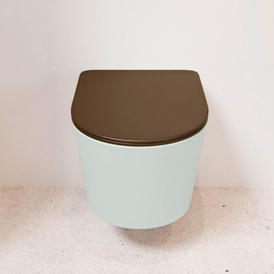 Mondiaz LAVIE hangtoilet – spoelrandloos – 36 x 53 cm – met softclose zitting – Greey (lichtgroen/grijs), zitting Rust (bruin)