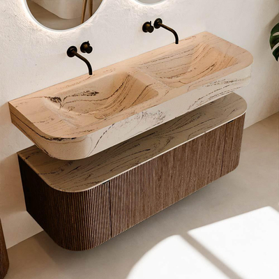 MONDIAZ THOR-DLUX 130cm meuble de salle de bains arrondi gauche + droite couleur Walnut avec 1 tiroir et 2 portes. Vasque suspendue CLOUD Double sans trou de robinet couleur Arena.