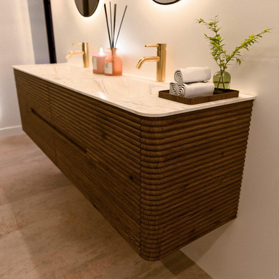 Mondiaz CIRO-DLUX Badkamermeubelset - 180x45x50cm - Solid surface wastafel Ostra - 2 wasbak Dubbel - 2 kraangaten - 4 lades - Dusk