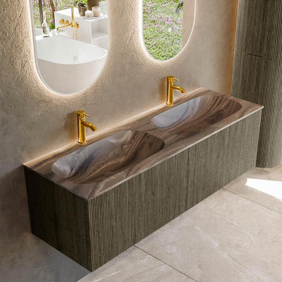 MONDIAZ KURVE-DLUX Meuble de salle de bains 140cm couleur Shadow avec 2 tiroirs et 0 porte. Lavabo STOR SMALL Double 2 trous de robinet Sombra.