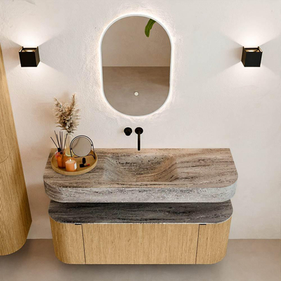 MONDIAZ THOR-DLUX 130cm badmeubel ronding links + rechts kleur Oak met 1 lade en 2 deuren. Vrijhangende wastafel CLOUD Midden zonder kraangat kleur Oza.