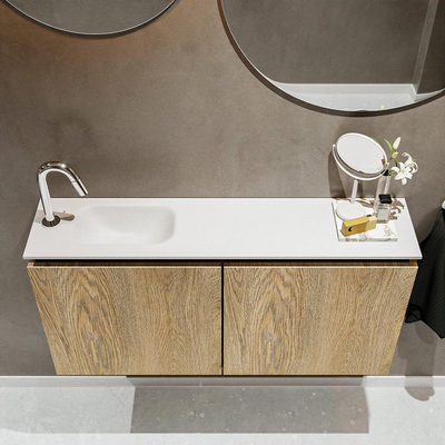 MONDIAZ TURE Toiletmeubel 100x23x50cm met 1 kraangaten 2 deuren washed oak mat Wastafel Eden links Solid Surface Wit