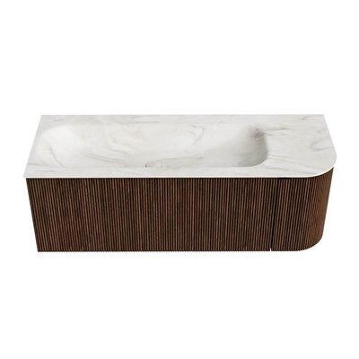 MONDIAZ KURVE-DLUX 125cm badmeubel met module 25 R kleur Walnut met 1 lade en 1 deur. Wastafel BIG MEDIUM links 1 kraangat kleur Ostra.