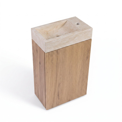 Saniclass Holz Atelier Ensemble meuble WC - 40x60.5cm - 1 porte - lave-mains travertin - trou de robinet à droite - chêne naturel