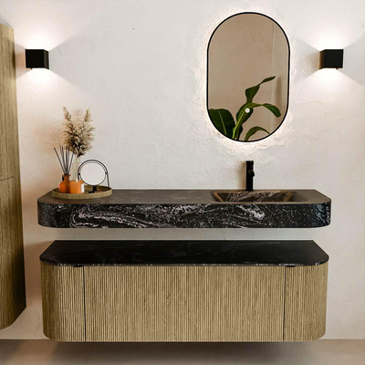 MONDIAZ THOR-DLUX 150cm meuble de salle de bains arrondi gauche + droite couleur Dusk avec 1 tiroir et 2 portes. Vasque suspendue CLOUD Droite 1 trou de robinet couleur Lava.