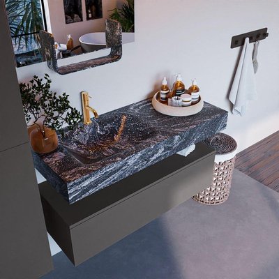 Mondiaz ALAN-DLUX Ensemble de meuble - 110cm - meuble Dark grey mat - 1 tiroir - Lavabo Cloud Lava suspendu - vasque Gauche - 1 trou de robinet