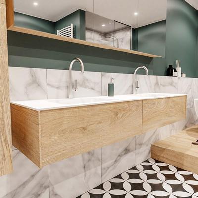 ENSEMBLE DE MEUBLE MONDIAZ LUSH - 180 cm - 2 tiroirs - lavabo cloud - 2 vasques - 2 trous de robinet - chêne blanchi