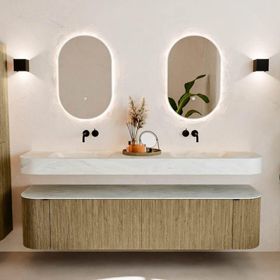 MONDIAZ THOR-DLUX Meuble de salle de bains - 190cm - arrondi gauche + droite - couleur Dusk - 2 tiroirs et 2 portes - Vasque suspendue CLOUD Double sans trou de robinet - couleur Opalo