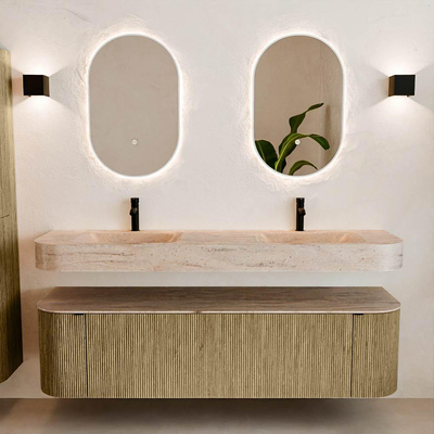 MONDIAZ THOR-DLUX Meuble de salle de bains 170cm arrondi gauche + droite couleur Dusk avec 1 tiroir et 2 portes. Vasque suspendue CLOUD Double 2 trous de robinet couleur Saba.