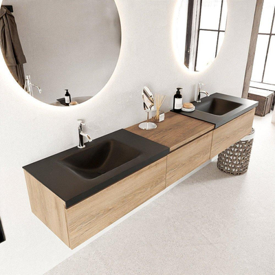 Mondiaz BUKLA badkamermeubelset 220x45x34cm 2 kraangaten 2 wasbakken solid surface Urban greeploos 3 lades met softclose Melamine Washed Oak