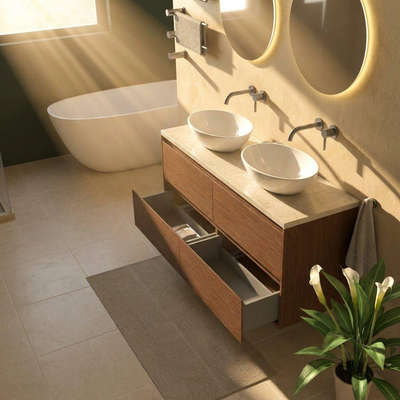 Saniclass Holz Pure Ensemble de meubles de salle de bains - 140x45x63cm - plan de travail en pierre naturelle travertin - sans trou de robinet - 4 tiroirs - walnut pure mat (bois)
