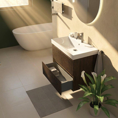 Saniclass Holz Atelier Ensemble de meuble de salle de bains - 80x45x67.5cm - lavabo en céramique Wave - 1 vasque - 1 trou de robinetterie - 2 tiroirs - chêne charcoal mat (bois)