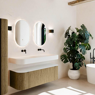 MONDIAZ THOR 140cm meuble de salle de bains arrondi gauche + droite couleur Dusk avec 1 tiroir et 2 portes. Vasque suspendue CLOUD Double sans trou de robinet couleur Talc.