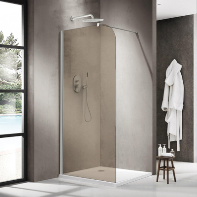 Fortifura Galeria Paroi de douche à l'italienne - 110x200cm - paroi en verre arrondie - verre fumé - barre de fixation murale - blanc mat