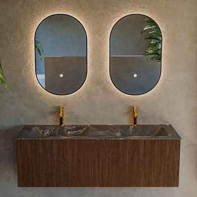 MONDIAZ KURVE-DLUX 130cm badmeubel kleur Walnut met 2 lades. Wastafel LEAF dubbel 2 kraangaten kleur Lava.