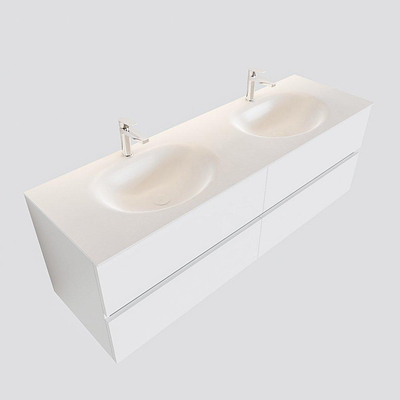MONDIAZ VICA Badkamermeubelset - 150cm - 4 lades - wasbak Moon dubbel - 2 kraangaten - solid surface talc