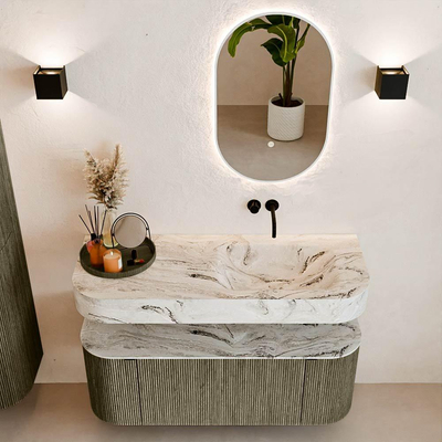 MONDIAZ THOR-DLUX 120cm badmeubel ronding links + rechts kleur Shadow met 1 lade en 2 deuren. Vrijhangende wastafel CLOUD Rechts zonder kraangat kleur Glace.