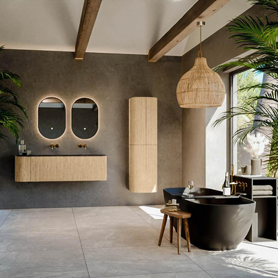 MONDIAZ KURVE-DLUX meuble de salle de bains 145 cm avec module 25 L couleur Chêne avec 1 tiroir et 1 porte. Lavabo BIG LARGE à droite sans trou de robinet couleur Lava.