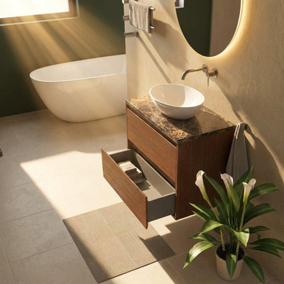 Saniclass Holz Pure Ensemble de meubles de salle de bains - 80x45x63cm - Plan de travail en pierre naturelle Noche dark emperador - sans trou de robinet - 2 tiroirs - walnut pure mat (bois)