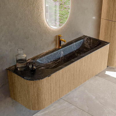 MONDIAZ KURVE-DLUX 145cm badmeubel met module 25 L kleur Oak met 1 lade en 1 deur. Wastafel BIG LARGE rechts 1 kraangat kleur Lava.