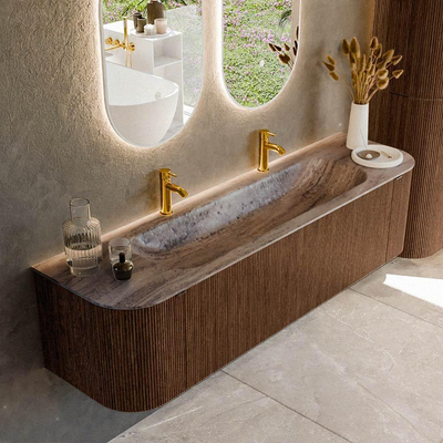 MONDIAZ KURVE-DLUX 170cm badmeubel ronding Links + Rechts kleur Walnut met 1 lade en 2 deuren. Wastafel BIG LARGE Midden 2 kraangaten Oza.